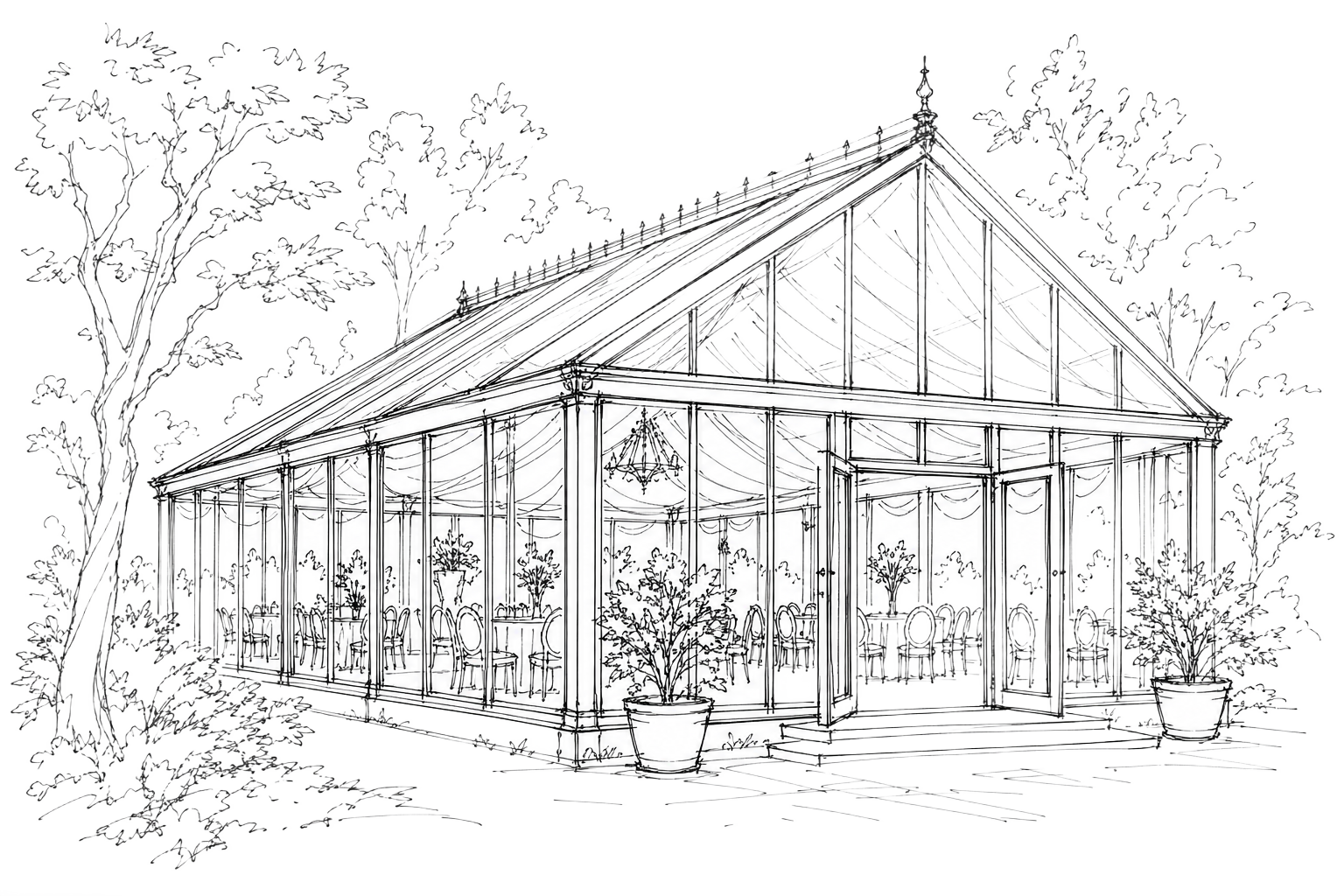 Ink sketch of the glasshouse marquee at Seasons Country Club