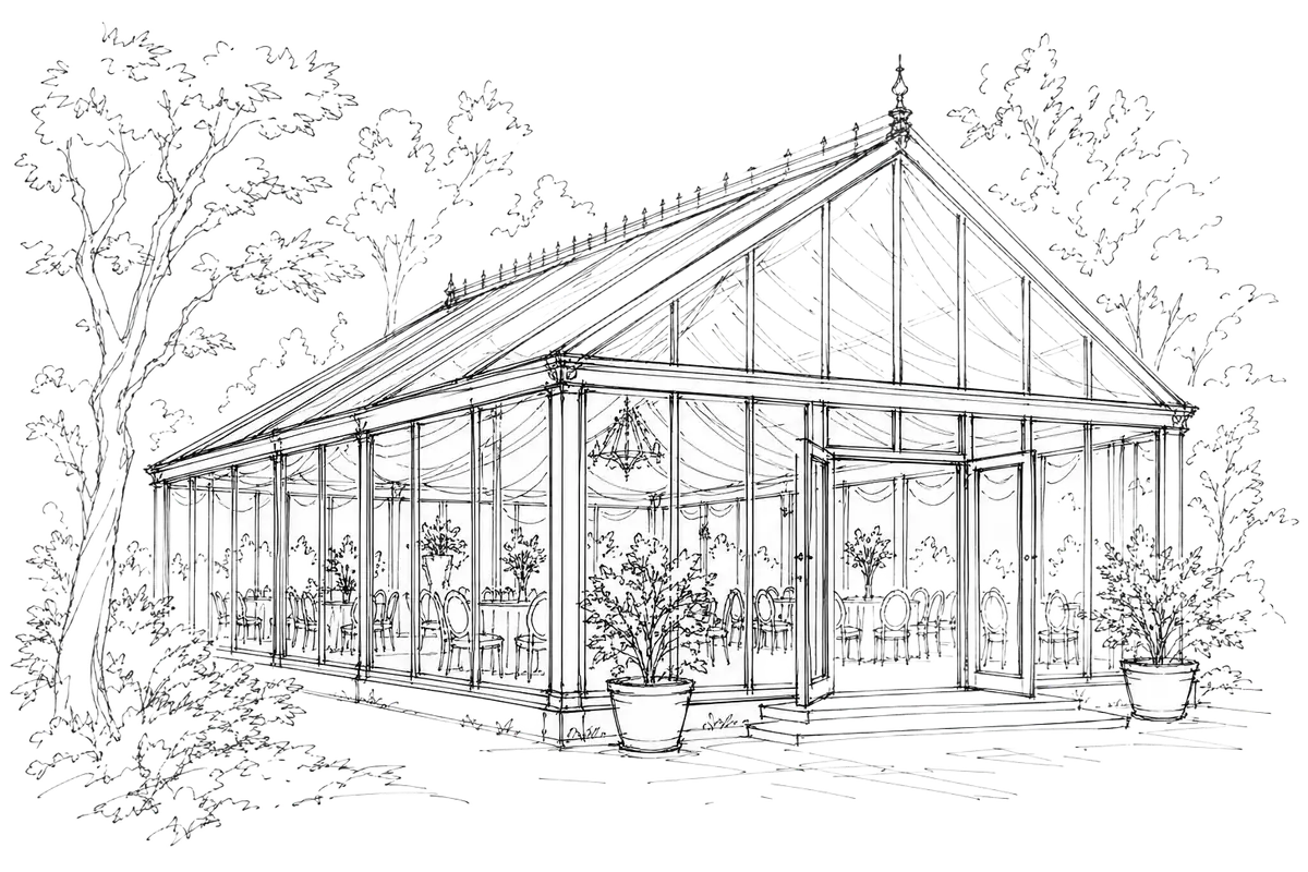 Ink sketch of the glasshouse marquee at Seasons Country Club